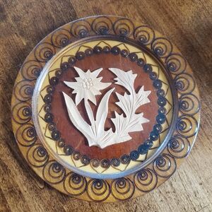 Polish Hand Carved Wooden Decorative Plate with Floral Design